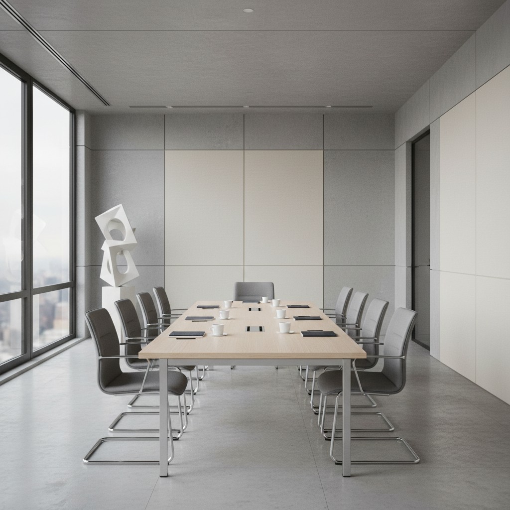 The image showcases a sleek, modern boardroom setup, featuring a minimalist decor. The long, rectangular conference table ...