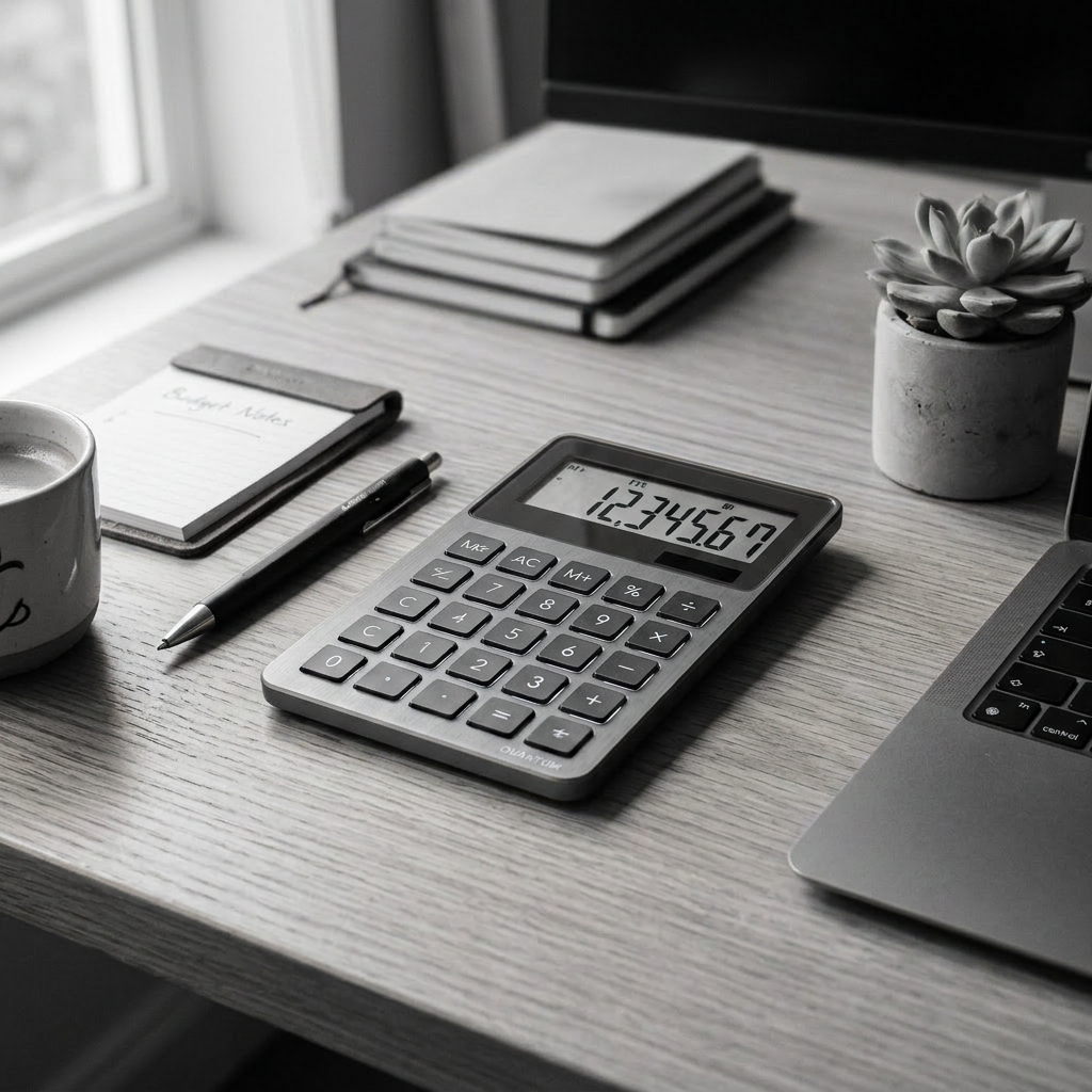 Calculator displaying numbers 1234567 on a wooden desk next to a laptop, notepad, pen, coffee cup, and small succulent plant