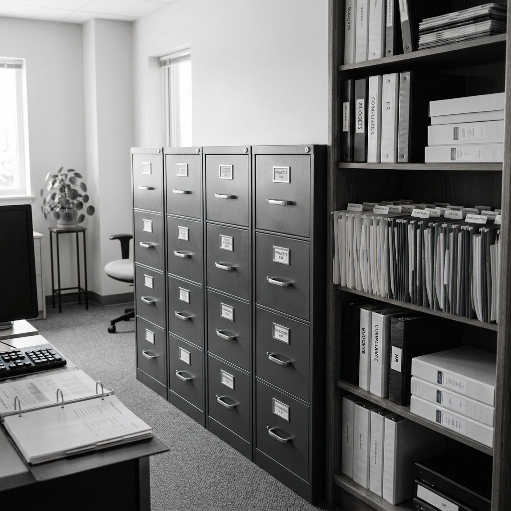 Office filing cabinets and bookshelves with organized folders and binders