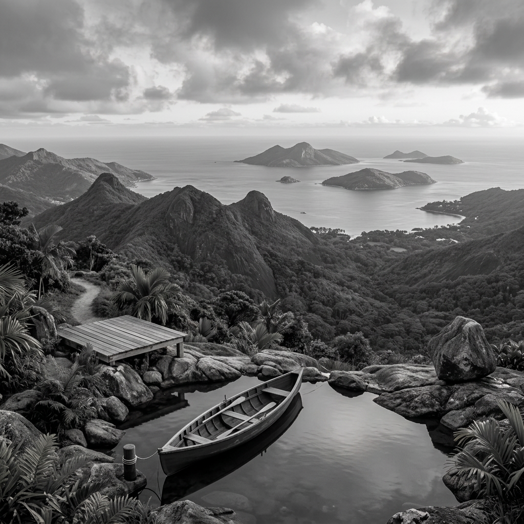 Green canoe on pond surrounded by rocks with mountainous tropical islands and ocean in background at sunset